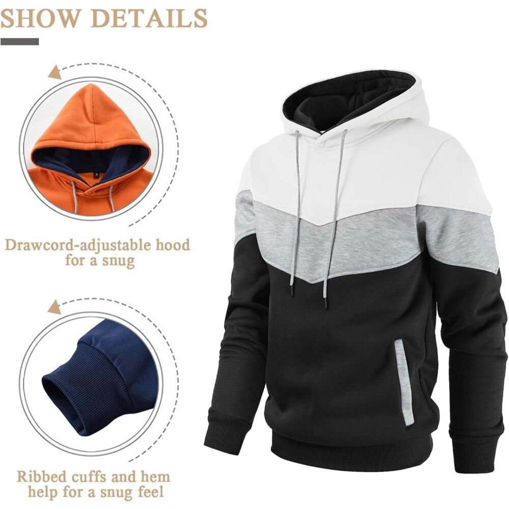 Men's White Black Novelty Pullover Fleece Hoodie Long Sleeve Casual Sweatshirt - Picture 4 of 7